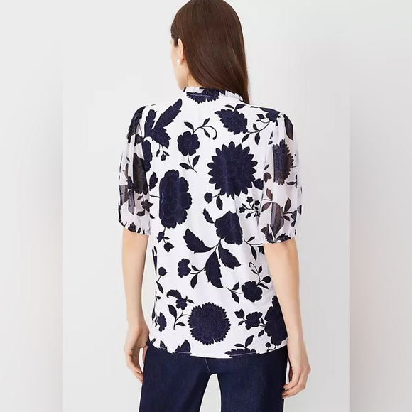 Ann Taylor Floral Mixed Media Ruffle Neck Top - Picture 3 of 10